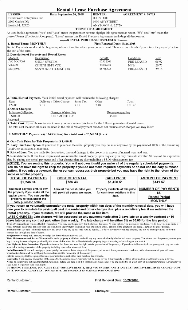 Rent to Own Contract Template Lovely Sample Printout California Rent to Own Agreement