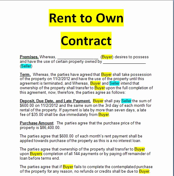 Rent to Own Contract Templates Unique Rent to Own Contract Doc and Pdf forms Examples