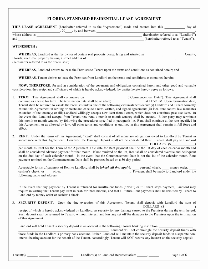 Residential Rental Agreement form Inspirational Free Florida Standard Residential Lease Agreement Template