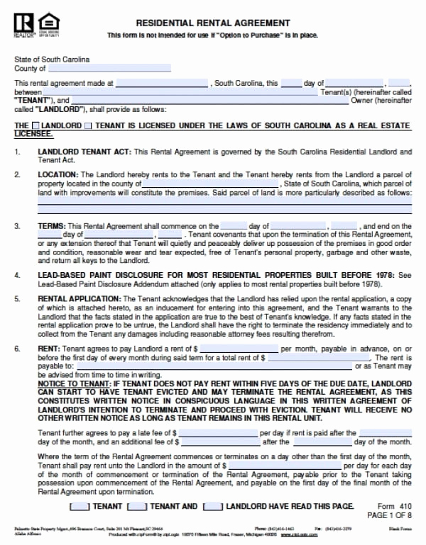 Residential Rental Agreement form New Free south Carolina Residential Lease Agreement