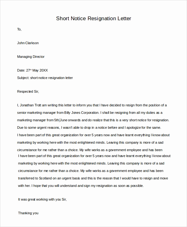 Resign Letter Short Notice Elegant Sample Resignation Letter 10 Examples In Pdf Word