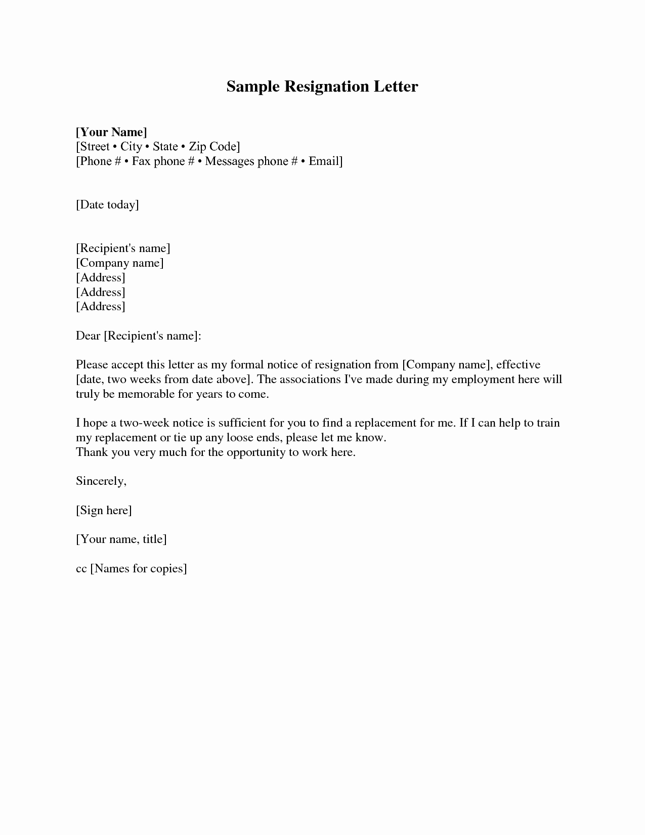 Resignation Letter 2 Week Notice Awesome Blank Basic Sample Two Weeks Notice Resignation Letter