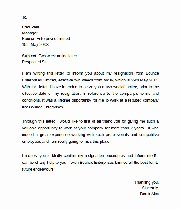 Resignation Letter 2 Week Notice Awesome Sample Resignation Letters 2 Week Notice 8 Free