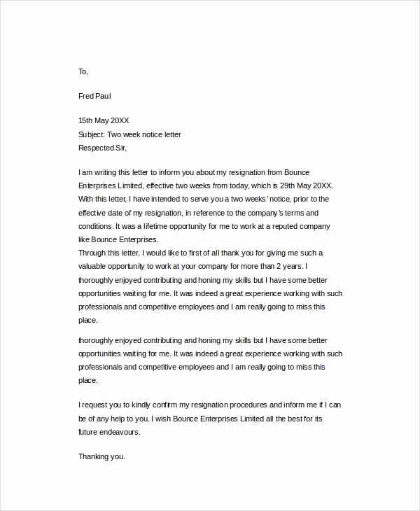 Resignation Letter 2 Week Notice Beautiful 2 Week Notice Letter Samples Examples Templates 7