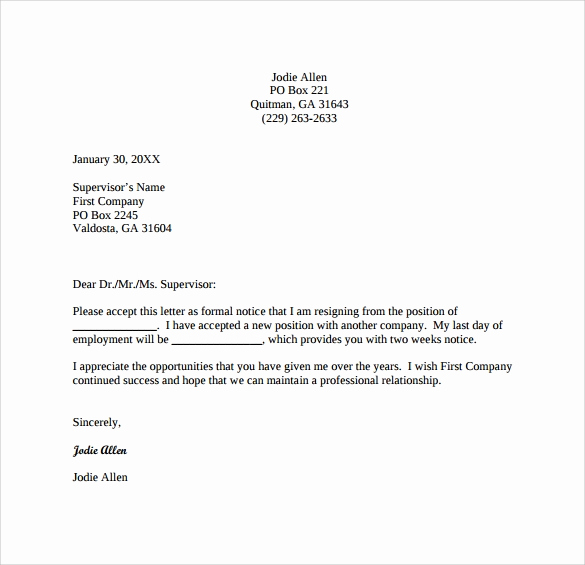 Resignation Letter 2 Week Notice Best Of 12 Two Weeks Notice Letter Templates Google Docs Ms