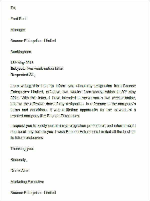 Resignation Letter 2 Week Notice Inspirational 15 Sample Two Weeks Notice Letters In Doc