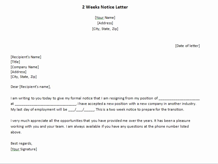 Resignation Letter 2 Week Notice Luxury 40 Two Weeks Notice Letters &amp; Resignation Letter Samples