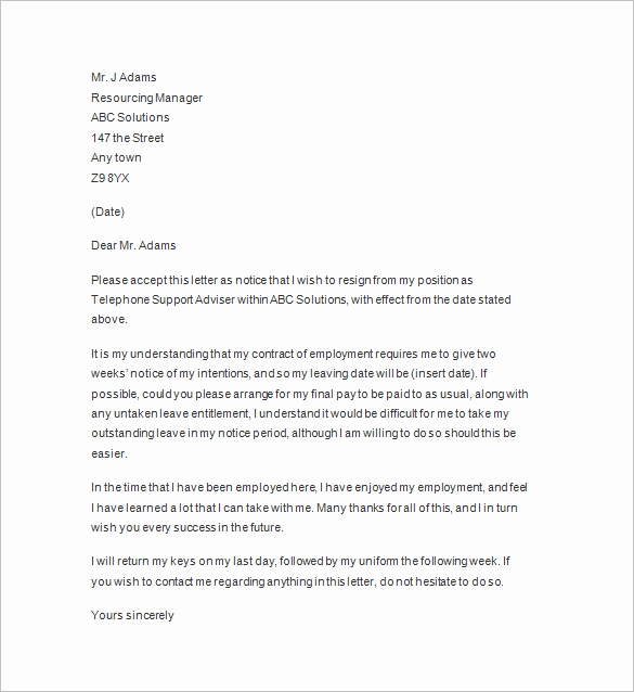 Resignation Letter 2 Week Notice New 11 Two Weeks Notice Letter Templates Pdf Google Docs