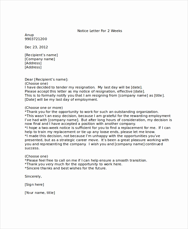 Resignation Letter 2 Week Notice New 9 Two Weeks Notice Letter Examples Pdf Google Docs Ms