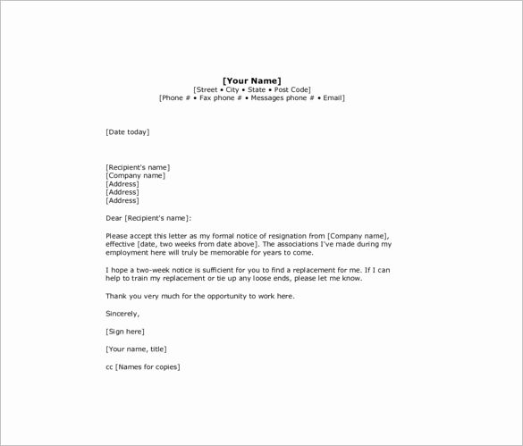 Resignation Letter 2 Week Notice Unique 10 Sample Two Week Notice Resignation Letter Templates