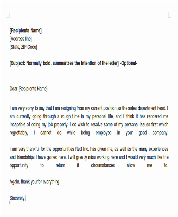 Resignation Letter Personal Reasons Best Of 8 Sample Resignation Letters for Personal Reasons Doc Pdf