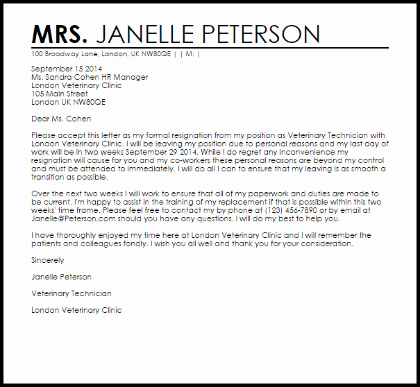 Resignation Letter Personal Reasons Lovely Resignation Letter Example Due to Personal Reasons