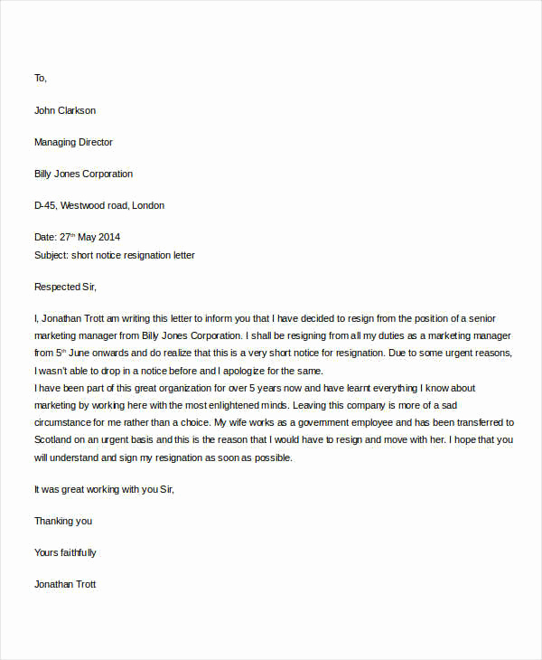 Resignation Letter Short Notice Awesome 31 formal Resignation Letters