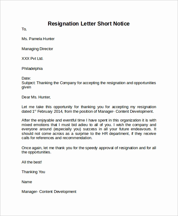 Resignation Letter Short Notice Beautiful Sample Resignation Letter Short Notice 6 Free Documents