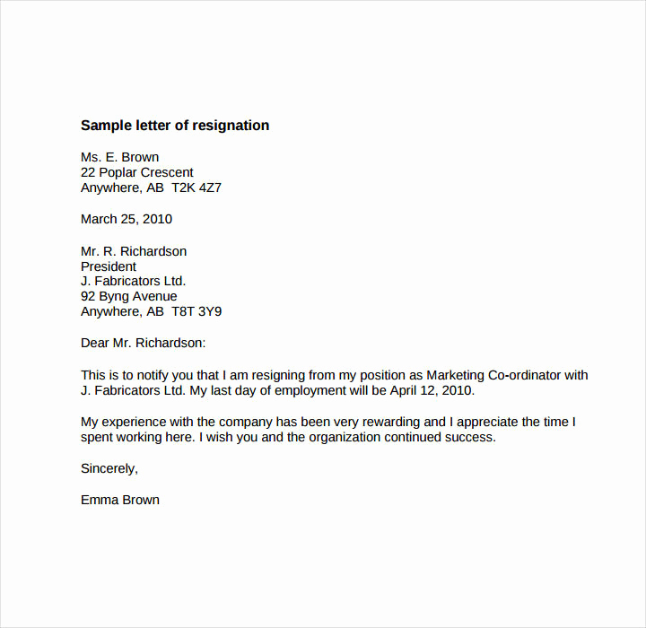 Resignation Letter Short Notice Inspirational 9 Short Notice Resignation Letters Free Pdf Doc format