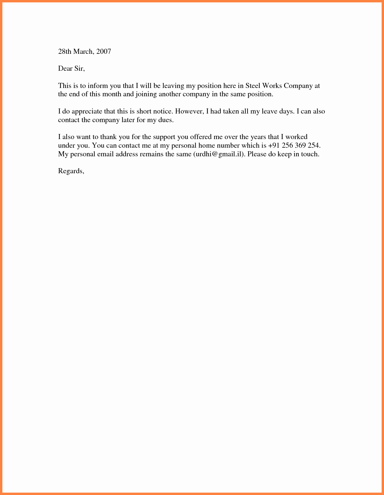 Resignation Letter Short Notice New Resignation Letter Email Short Notice
