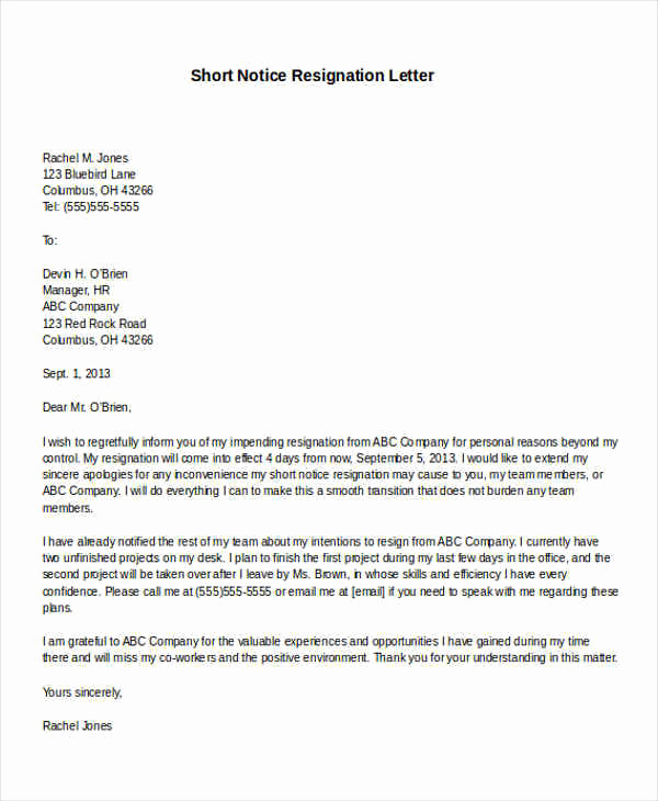 Resignation Letter Short Notice Unique 31 formal Resignation Letters