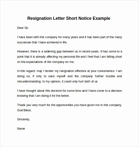 Resignation Letter Short Notice Unique Sample Resignation Letter Short Notice 6 Free Documents