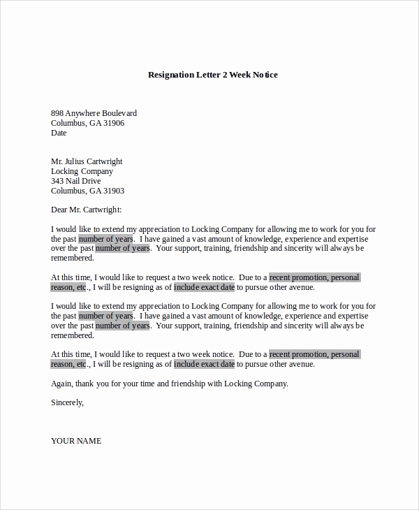 Resignation Letter Two Weeks Notice Beautiful Sample Resignation Letter 8 Examples In Pdf Word