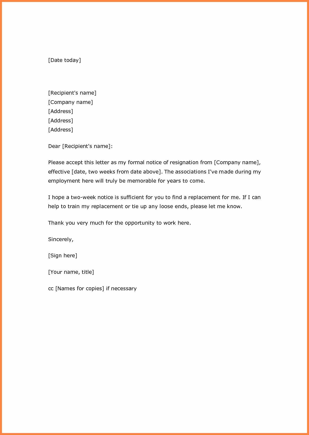 Resignation Letter Two Weeks Notice Fresh 9 Sample 2 Weeks Notice to Employer
