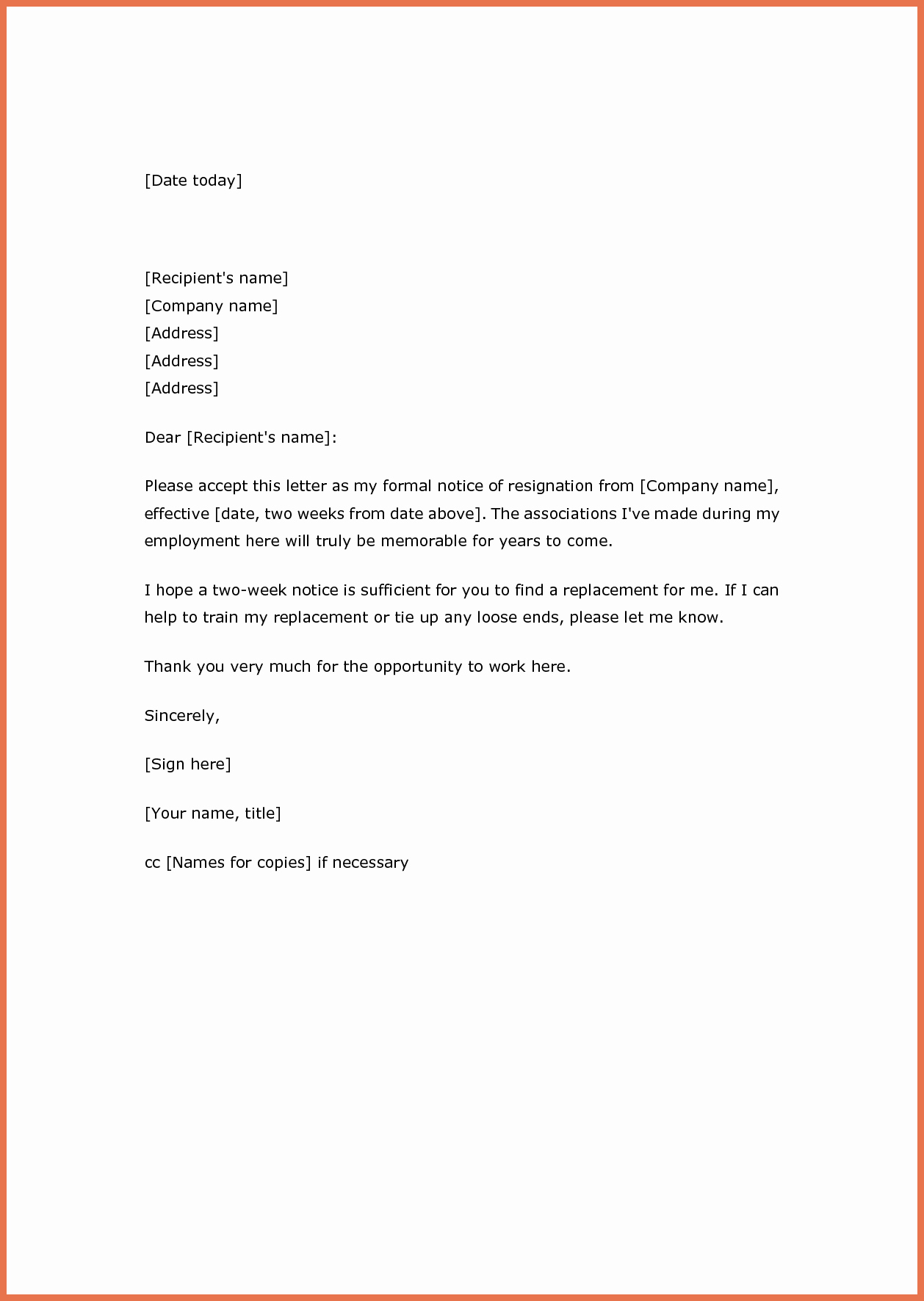 Resignation Letter Two Weeks Notice Fresh Two Weeks’ Notice Resignation Letter Samples
