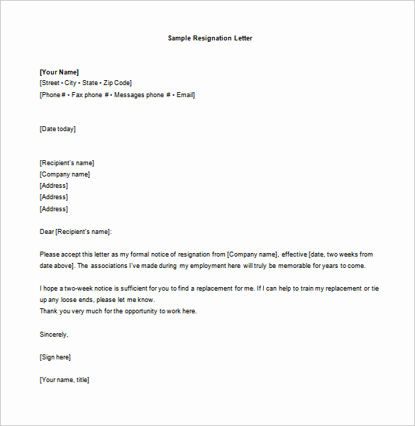 Resignation Letter Two Weeks Notice Inspirational 10 Sample Two Week Notice Resignation Letter Templates