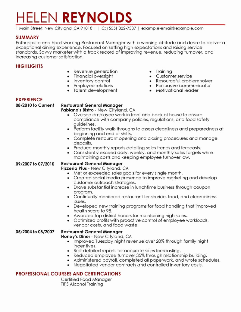 Restaurant Manager Resume Examples Awesome Best Restaurant Manager Resume Example