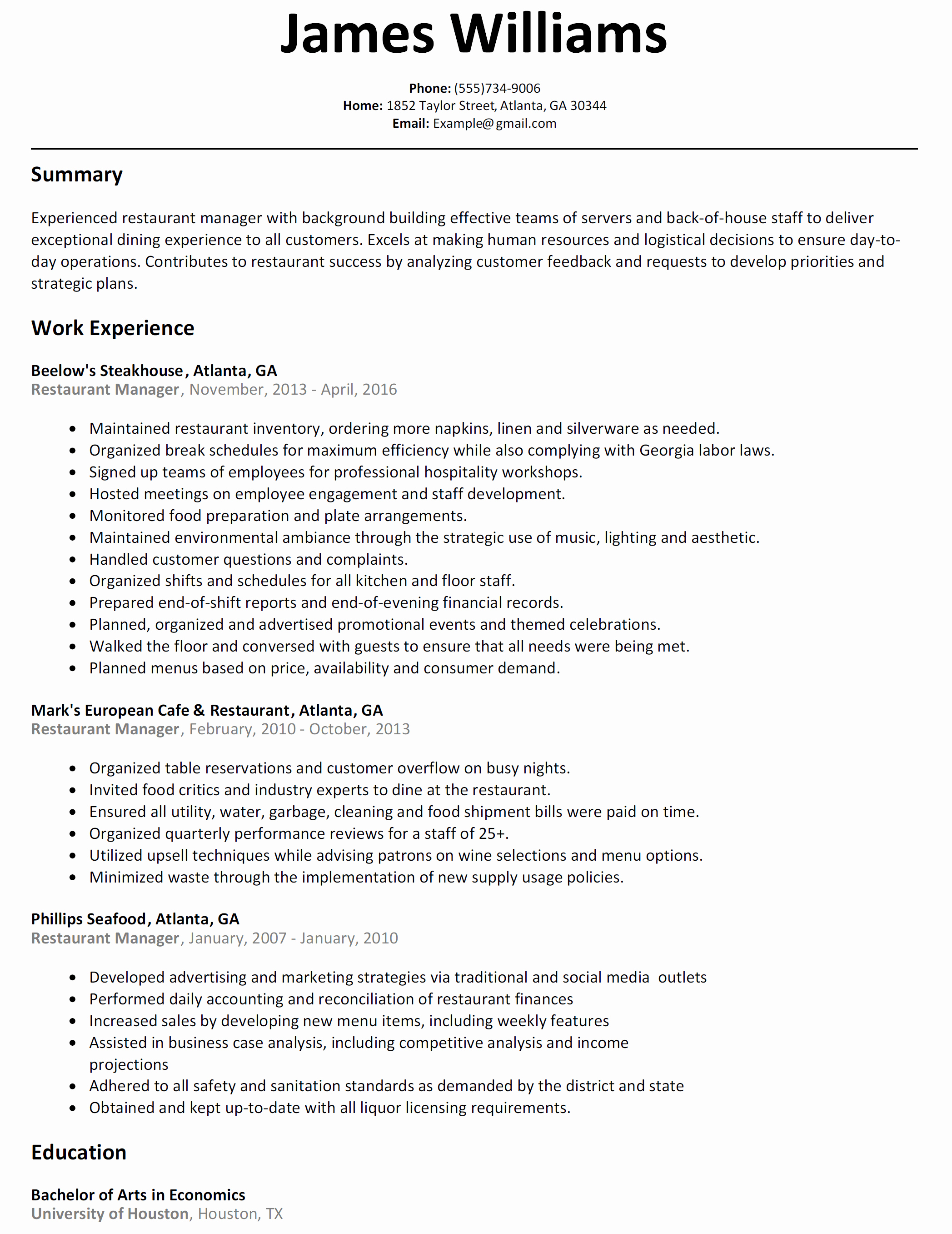30 Restaurant Manager Resume Examples Tate Publishing News