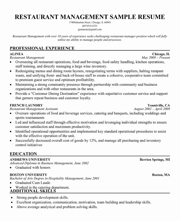 Restaurant Manager Resume Examples Luxury Resume Of Restaurant Manager