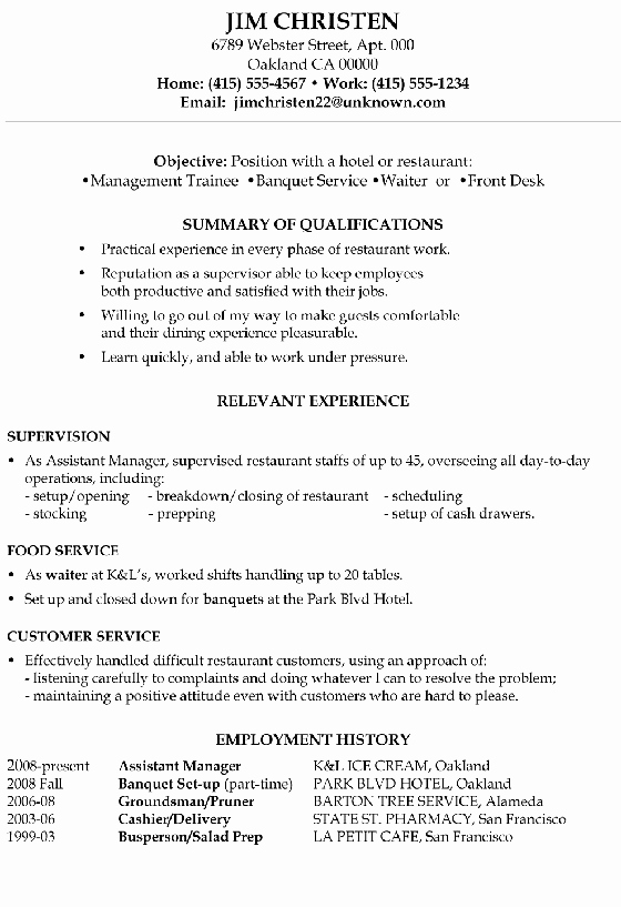 Restaurant Manager Resume Examples Unique Resume Sample Hotel Management Trainee and Service