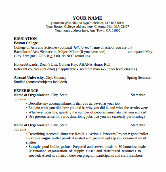 Resume Samples for College Student New Sample College Student Resume Template 7 Download Free