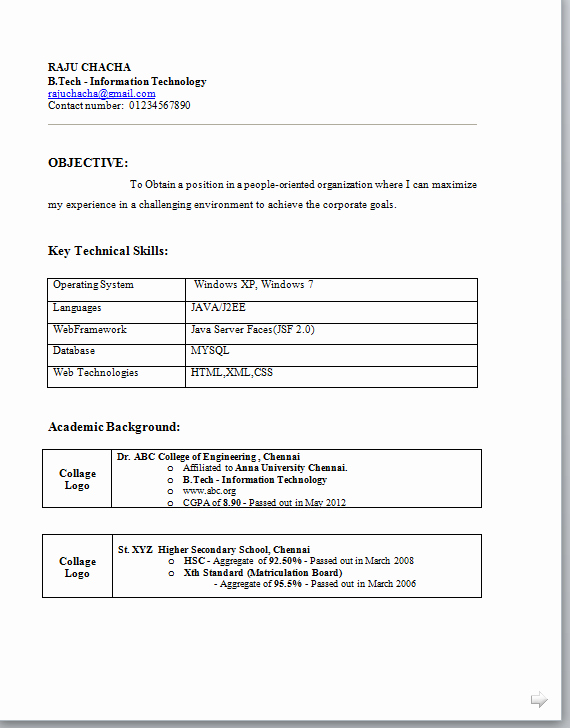 Resume Samples for Freshers Awesome B Tech Freshers Resume format