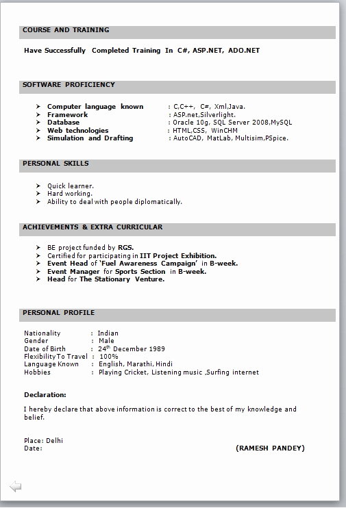 Resume Samples for Freshers Beautiful Resume format for Freshers