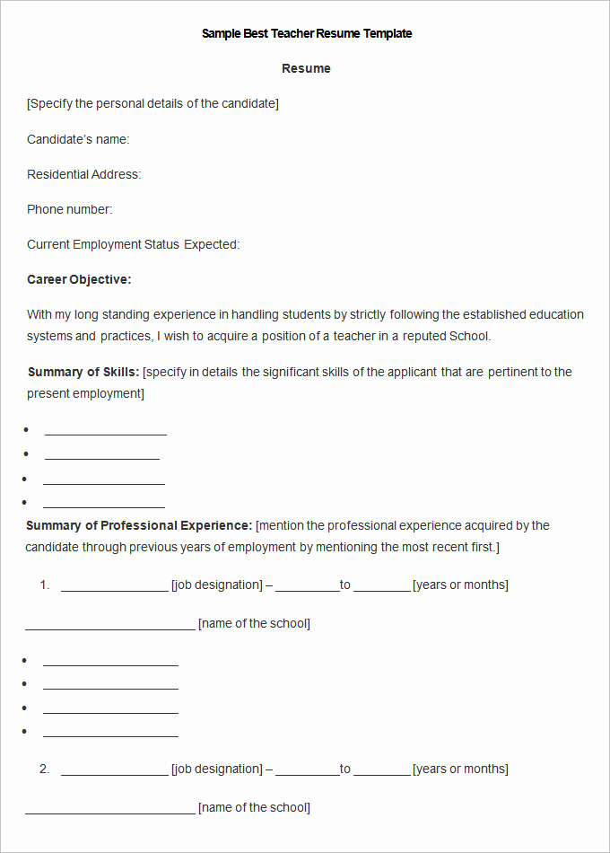 Resume Template for Teachers New Resume Templates – 127 Free Samples Examples &amp; format