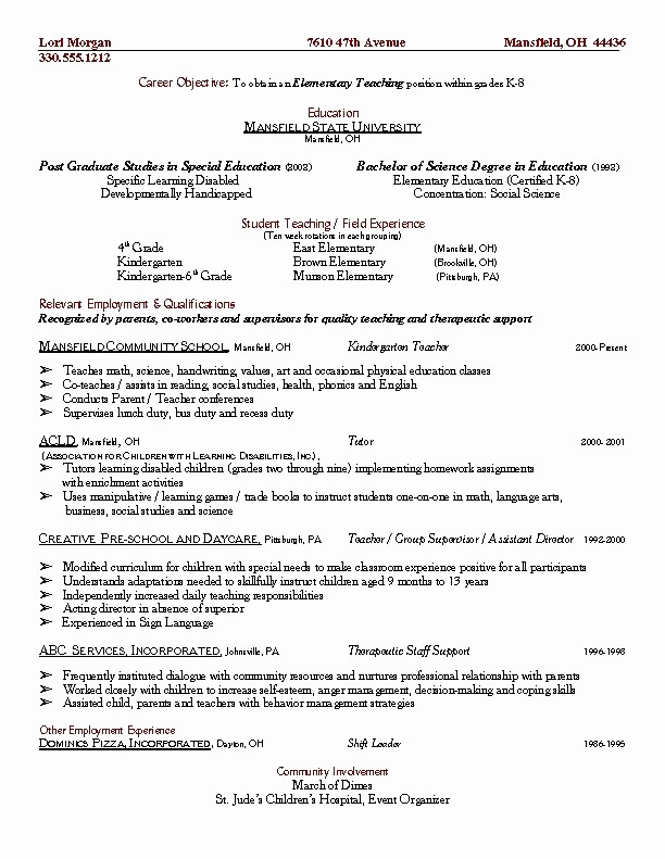 Resume Template for Teachers Unique Elementary Teacher Resume Template Elementary Teacher