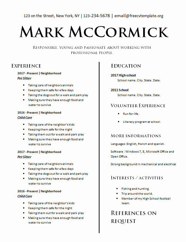 Resume Template for Teens Inspirational Teens with No Experience – Free Cv Template Dot org