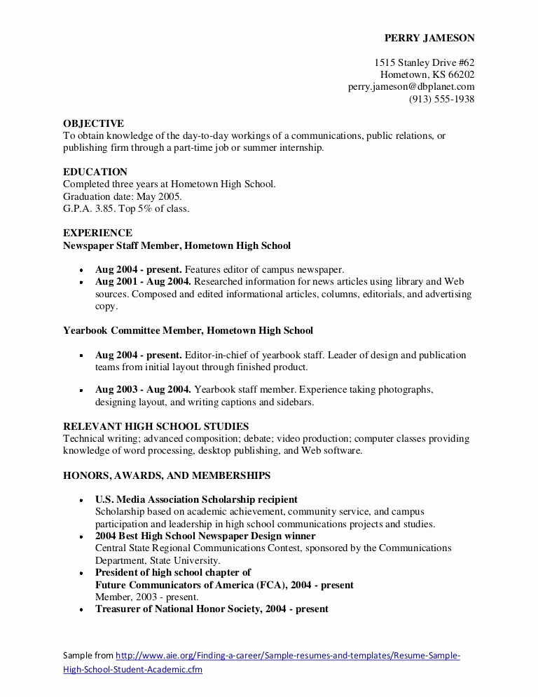 Resume Templates for College Students Fresh Resumes Samples for High School Students High School