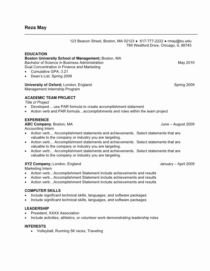 Resume Templates for College Students New Resume Examples Undergraduate Examples Resume