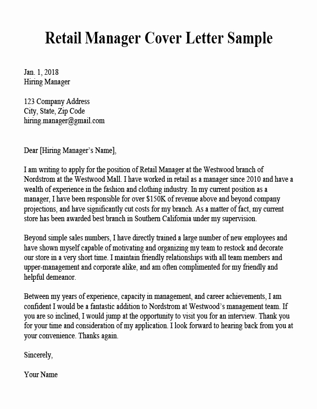 Retail Store Manager Resumes Elegant Retail Manager Cover Letter Sample
