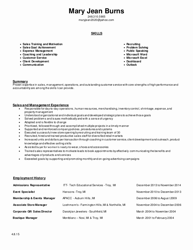 Retail Store Manager Resumes New 4 8 15 Resume Retail Experience
