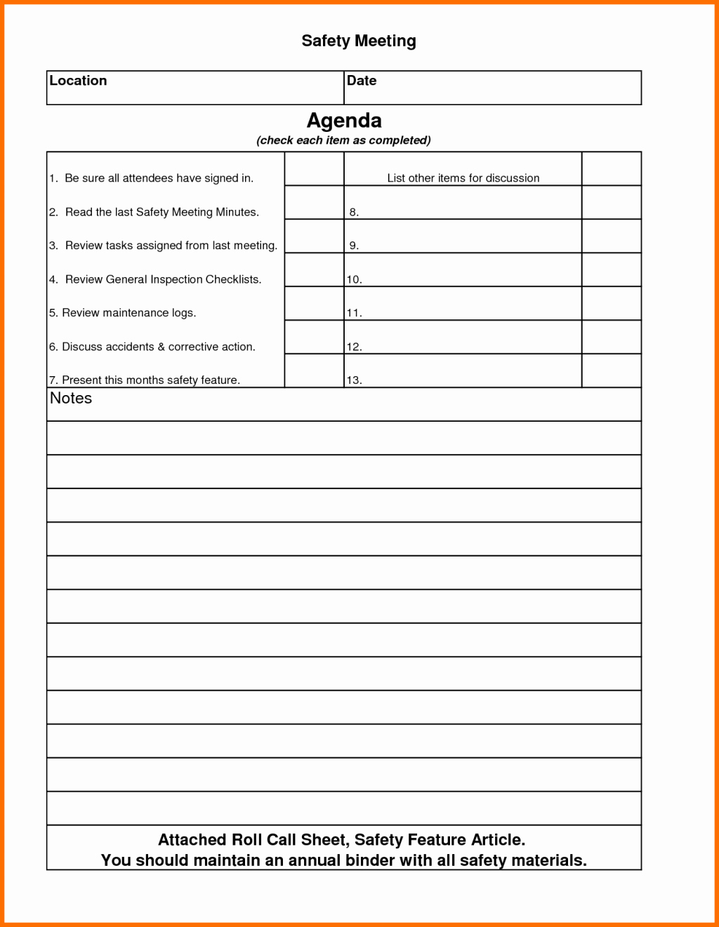 Printable Safety Meeting Sign In Sheet