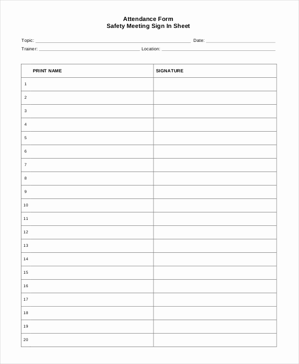 Safety Meeting Sign In Sheet New Sign In Sheet 30 Free Word Excel Pdf Documents