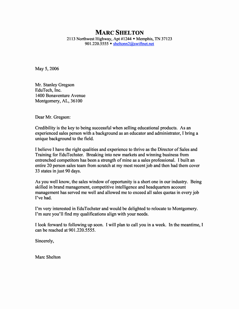 Sales Cover Letter Examples Unique Director Of Sales and Training Cover Letter