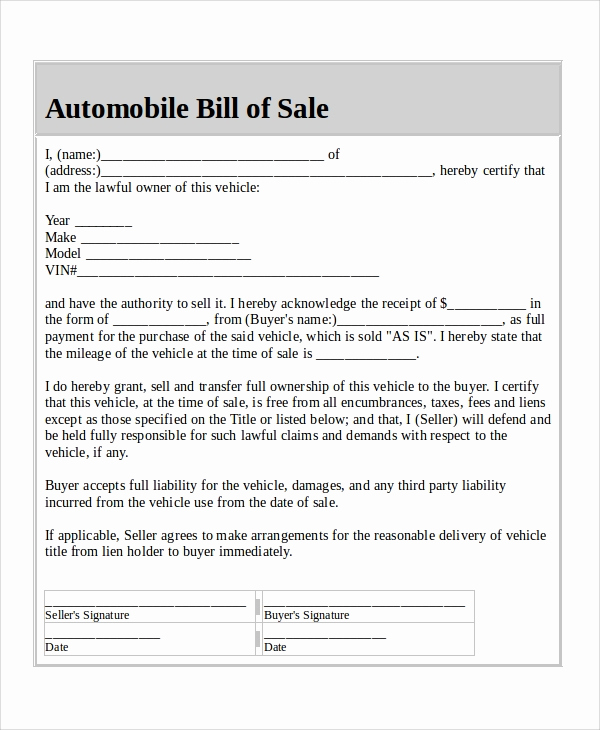 Sample Auto Bill Of Sale Unique Sample Automobile Bill Of Sale 8 Examples In Word Pdf