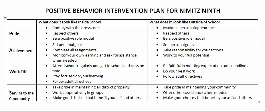 Sample Behavior Intervention Plan Inspirational Positive Behavior Intervention Plan Nimitz Ninth Grade