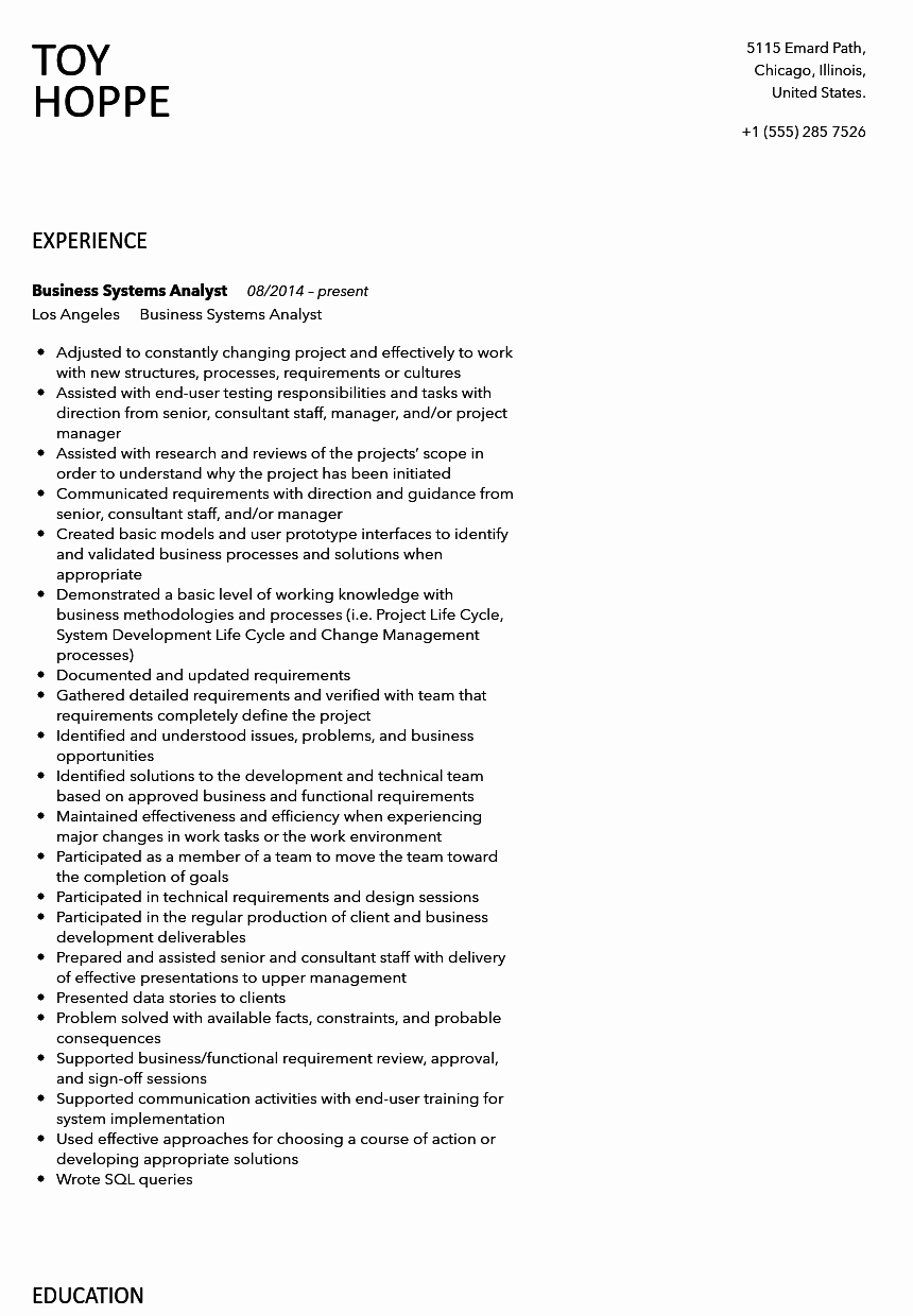 Sample Business Analyst Resume Unique Business Systems Analyst Resume Sample