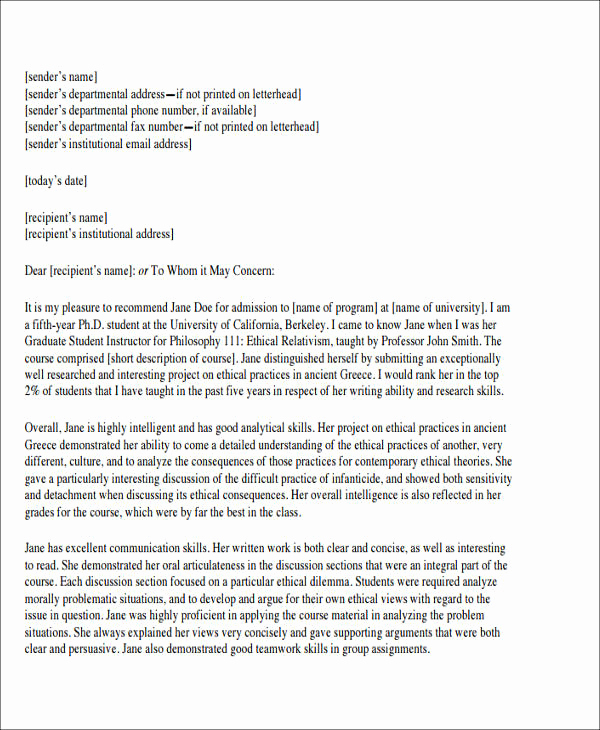 Sample College Recommendation Letter Fresh Sample College Reference Letter 6 Examples In Pdf Word