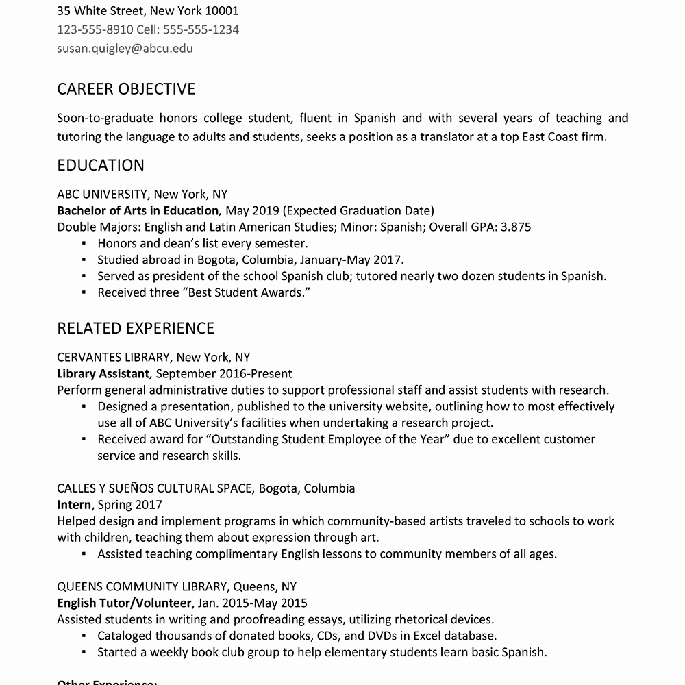 Sample College Student Resume New College Graduate Resume Example and Writing Tips