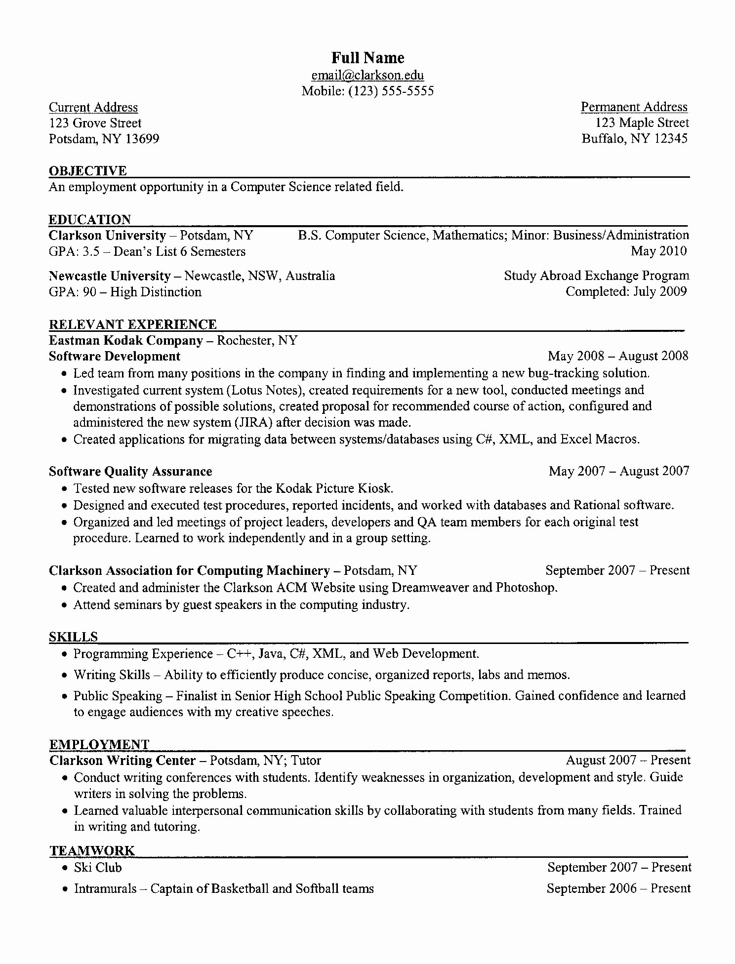 Sample Computer Science Resume Awesome Examples A Resume Clarkson University Senior Puter