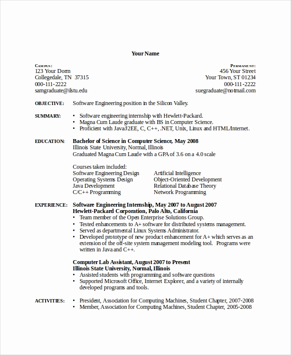 Sample Computer Science Resume Elegant 11 Puter Science Resume Templates Pdf Doc